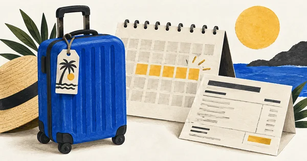 Mala azul, calendário e recibo de pagamento ilustram o planejamento das férias.