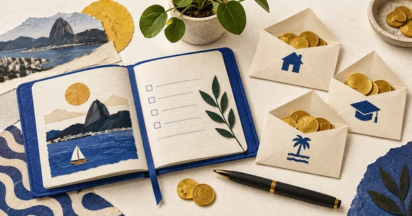 Caderno de planejamento e envelopes com moedas ilustram a organização do orçamento.
