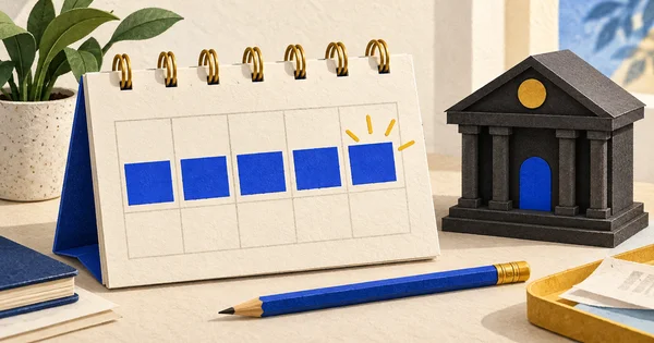 Calendário com cinco dias destacados ao lado de uma miniatura de banco.