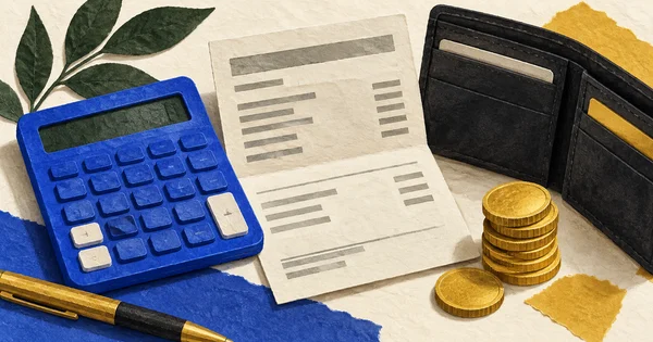 Calculadora azul, contracheque, moedas e carteira para organizar o salário recebido.