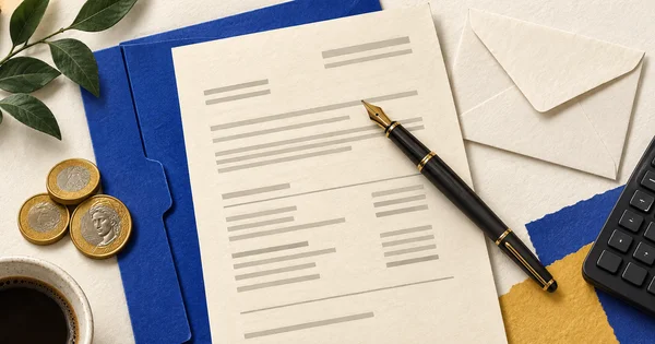 Documentos, pasta azul, caneta e moedas ilustram a conferência da rescisão.