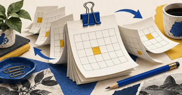 Folhas de calendário e lápis ilustram o avanço entre datas.