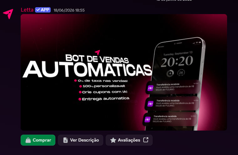 Vitrine de produtos da Letta no Discord